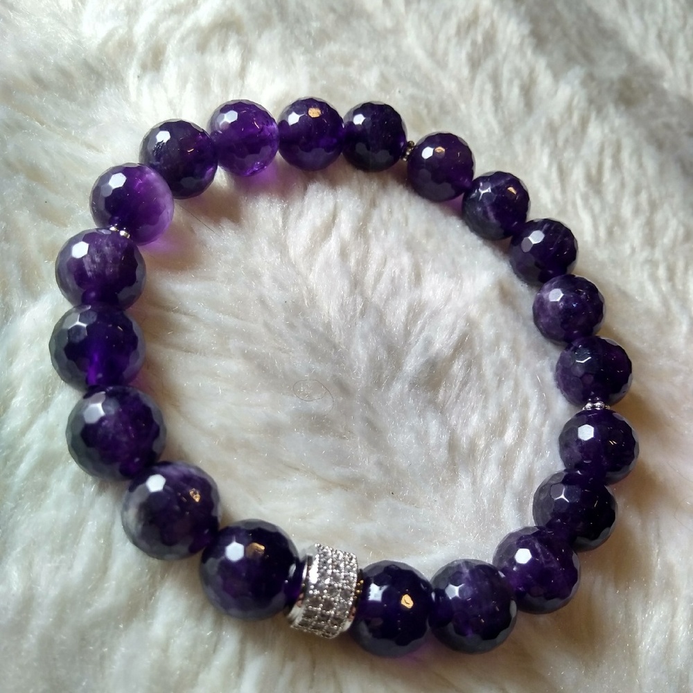 Handmade Amethyst Faceted Beads Unisex Bracelet